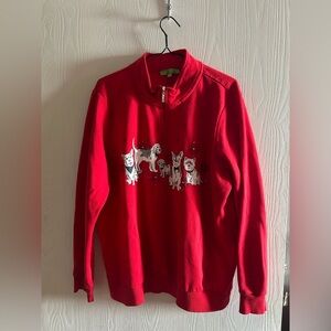 Ladies Red Half-Zip Sweater with Dog Graphic